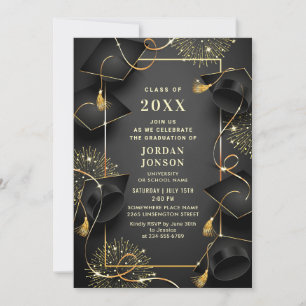 Invitation Parti moderne Golden Black Graduation