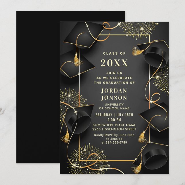 Invitation Parti moderne Golden Black Graduation (Devant / Derrière)