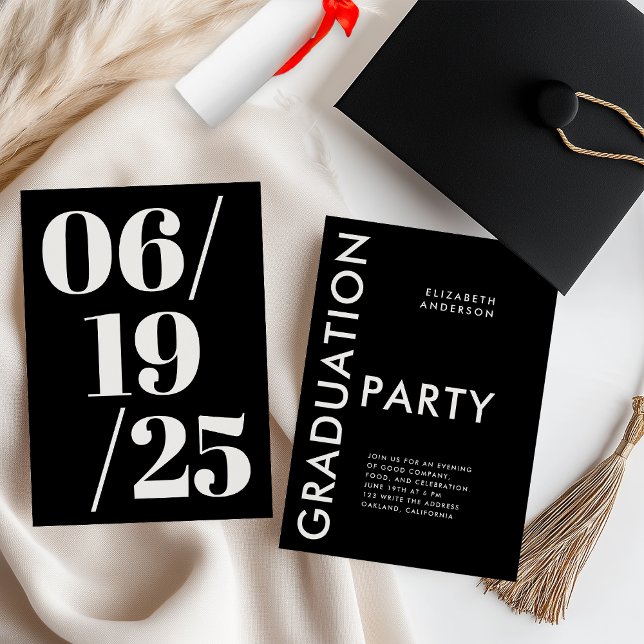 Invitation Parti moderne Gras Noir et Blanc Graduation (Créateur téléchargé)