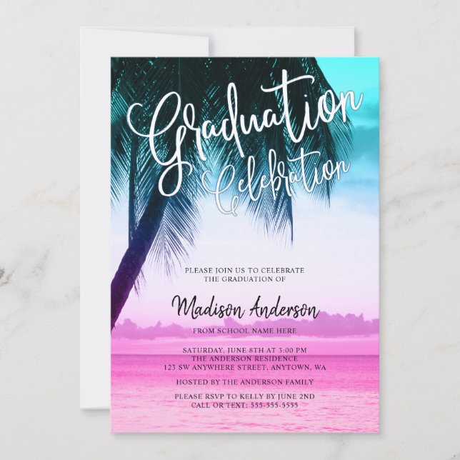 Invitation Parti moderne Turquoise rose tropicale de la plage (Devant)