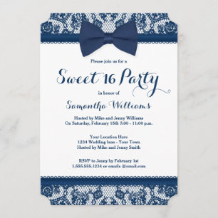 Invitation Parti Navy Blue and White Lace Bow Sweet 16