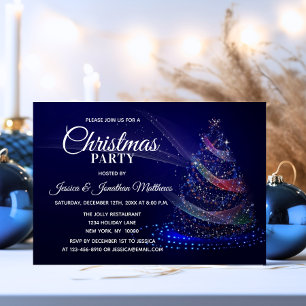 Invitation PARTI NOËL Marine Bleu Twinkle Lights Neige