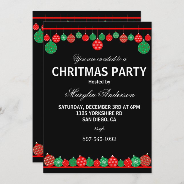 INVITATION PARTI NOËL ROUGE ET VERT PERSONNALISÉ (Devant / Derrière)