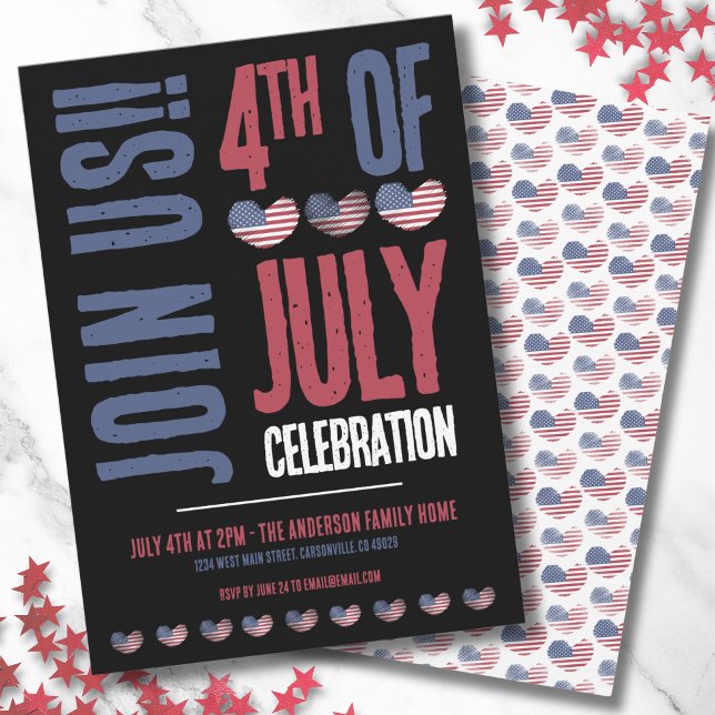 Invitation Parti patriotique 4 juillet moderne (Patriotic Heart American Flag 4th Of July Party Invitation)