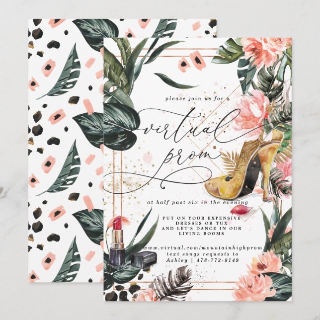 Invitation Parti Prom virtuel | Flore rose Vert tropicale (Devant / Derrière)