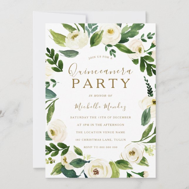Invitation Parti Quinceanera de fleurs blanches modernes (Devant)