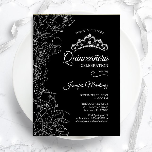 Invitation Parti Quinceanera Floral Blanc Noir (Créateur téléchargé)
