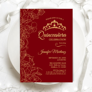 Invitation Parti Quinceanera Floral Or Rouge