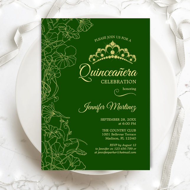 Invitation Parti Quinceanera Floral Or Vert (Créateur téléchargé)
