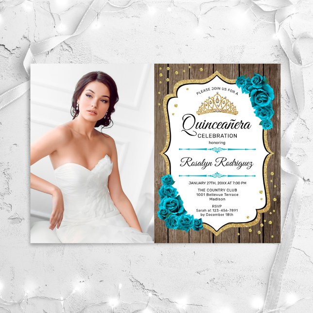 Invitation Parti Quinceanera Rustique Avec Photo - Gold Turqu (Créateur téléchargé)