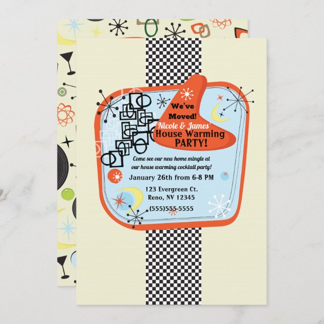 Invitation Parti rétro 50's 60's Vintage Houseéchauffement (Devant / Derrière)