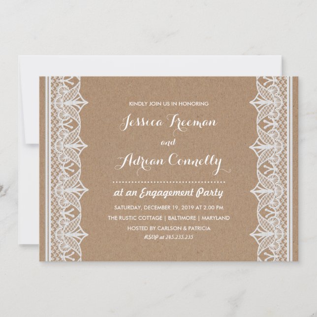 Invitation Parti Russe Brown Kraft Paper Lace Engagement (Devant)