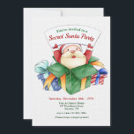 Invitation Parti secret Père Noël<br><div class="desc">Une délicieuse invitation en aquarelle à une fête de Père Noël Secret où Père Noël sort d'une boîte cadeau. (Vecteur aquarelle créé par pikisuperstar - www.freepik.com). La carte est facile à customiser avec votre libellé, police, couleur de police, forme de papier et choix du type de papier. Pas exactement ce...</div>