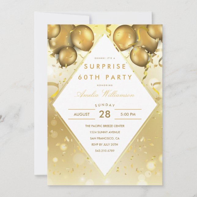 Invitation Parti surprise | Balloons en or glam & Confetti (Devant)