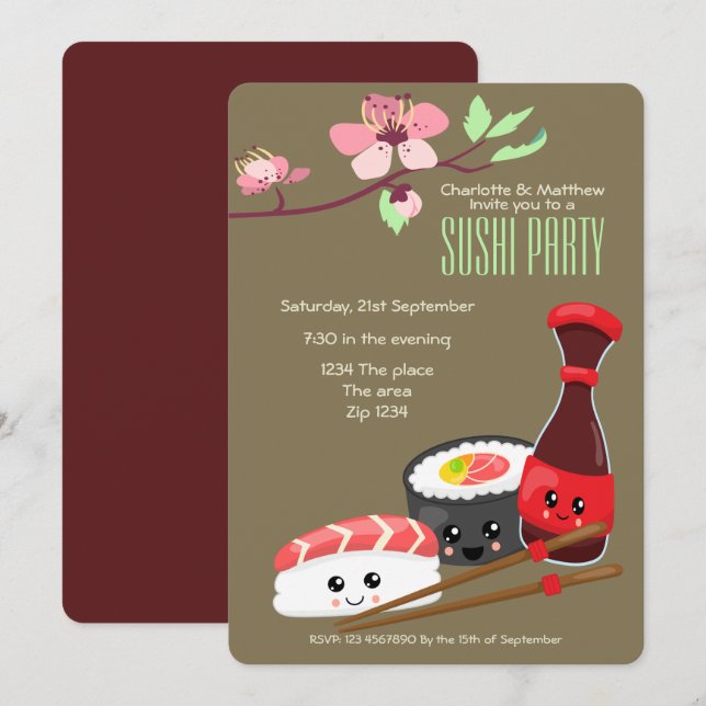 Invitation Parti Sushi Kawaii Personnaliser le thème japonais (Devant / Derrière)