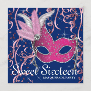 Invitation Parti Sweet sixteen bleu de la marine et rose