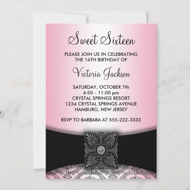Invitation Parti Sweet sixteen noir rose Damask (Devant)