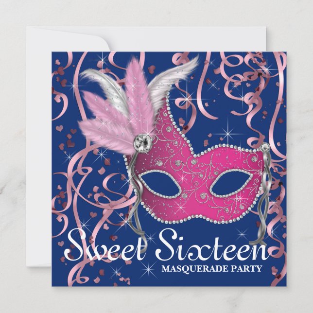 Invitation Parti Sweet sixteen rose et bleu marine (Devant)