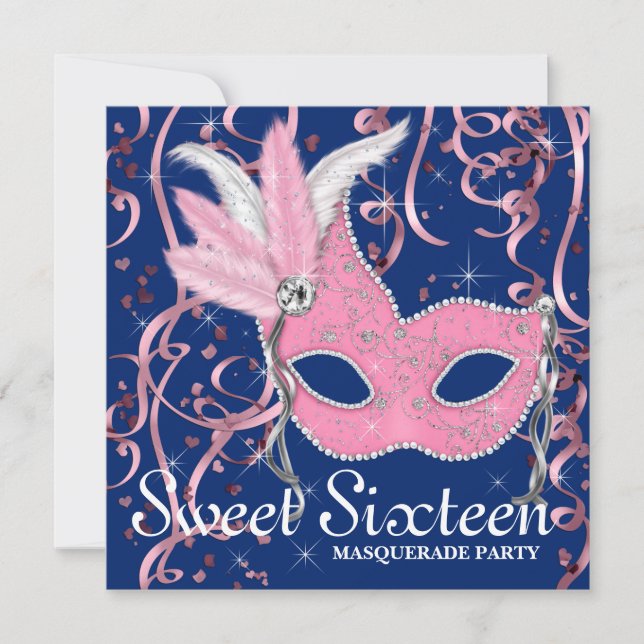 Invitation Parti Sweet sixteen rose et bleu marine (Devant)