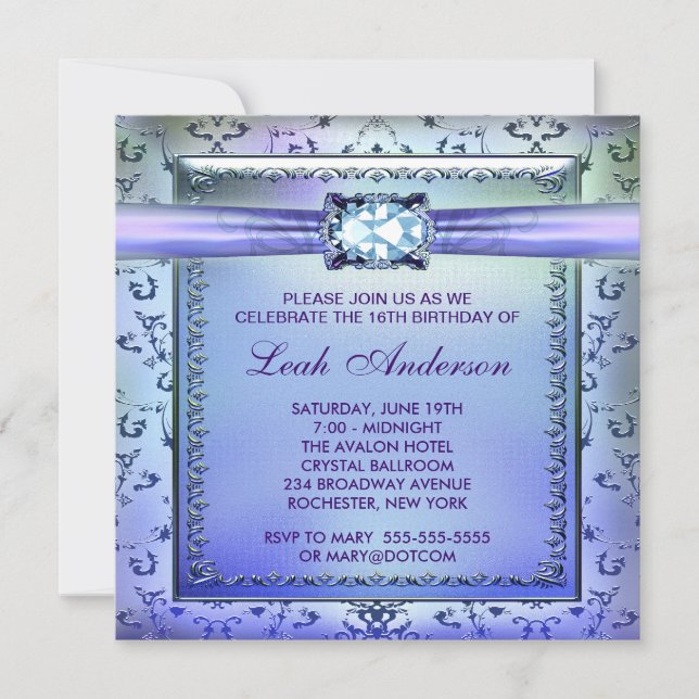 Invitation Parti Sweet sixteen Turquoise violet (Devant)