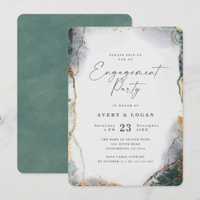 Invitation Partie Abstraite d'engagement Eucalyptus Green & G (Devant / Derrière)
