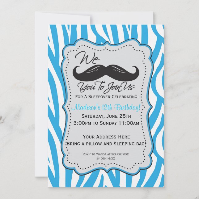 Invitation Partie bleue de Sleepover de moustache de zèbre ! (Devant)