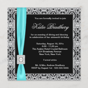 Invitation Partie bleue turquoise de sweet sixteen de noir de