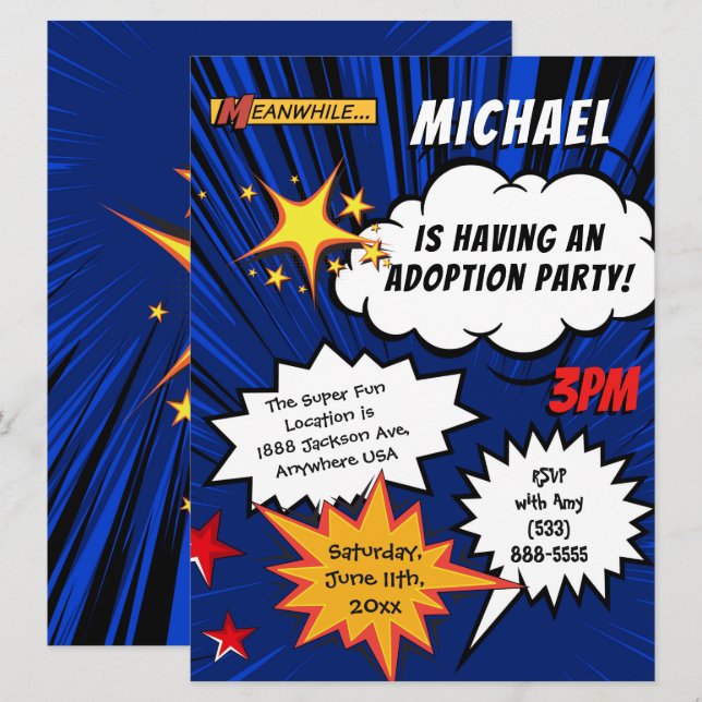 Invitation Partie d'adoption de bande dessinée de superhéros (Devant / Derrière)