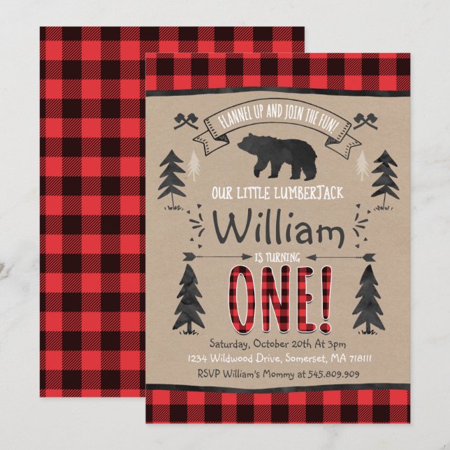 Invitation Partie de bûcheron d'invitation d'anniversaire de (Devant / Derrière)