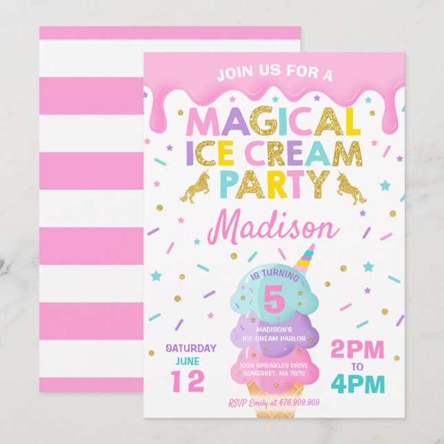 Invitation Partie de crème glacée de licorne d'invitation de (Devant / Derrière)