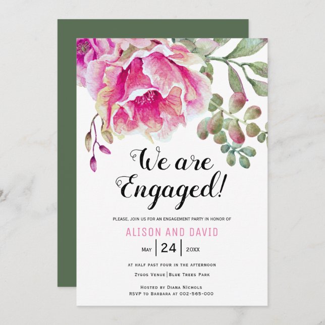 Invitation Partie de fiançailles florales à l'aquarelle rose (Devant / Derrière)