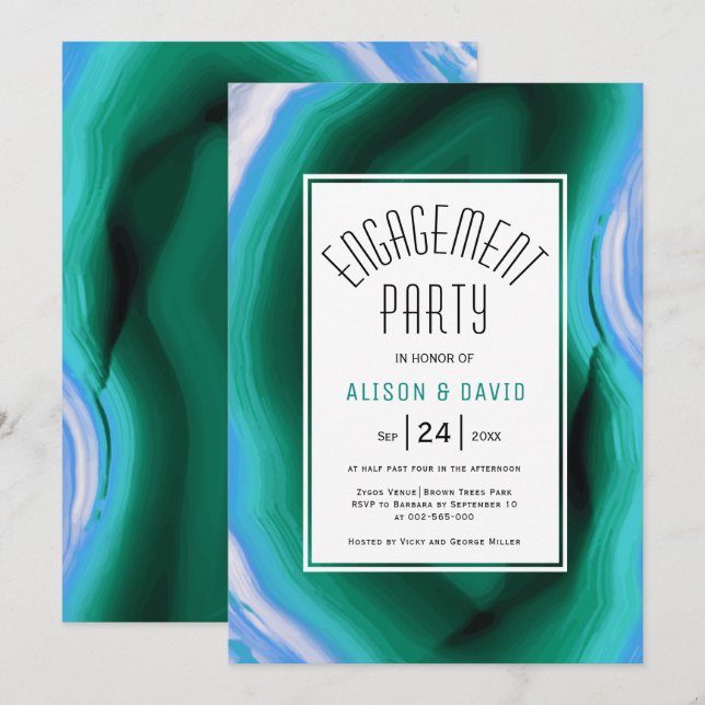 Invitation Partie de fiançailles mariage bleu, vert (Devant / Derrière)