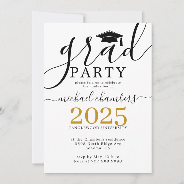 Invitation Partie de graduation Black Gold de Script moderne (Devant)