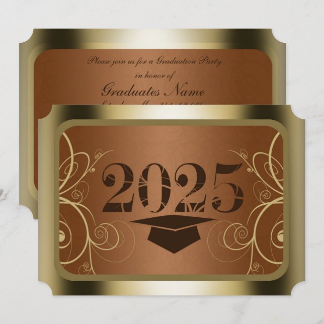 Invitation Partie de graduation Brown et Gold Frame (Devant / Derrière)