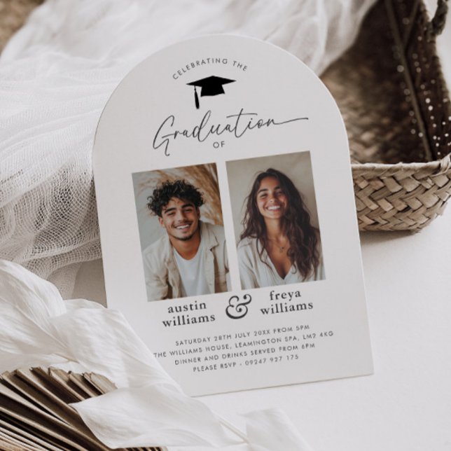 Invitation Partie de graduation conjointe 2 Photo Arch Invita (Zazzle Joint Graduation Party 2 Photo Arch Invitation)