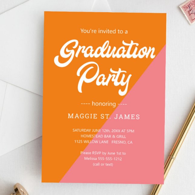 Invitation Partie de graduation de bloc de couleur rose rétro (Créateur téléchargé)