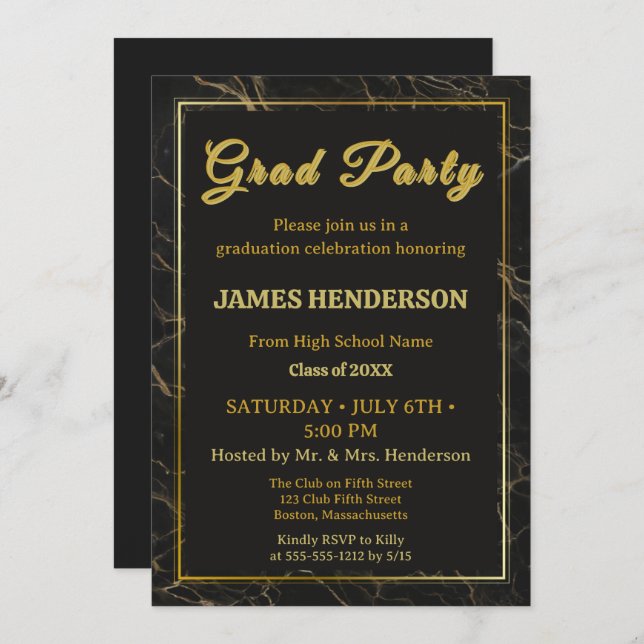 Invitation Partie de graduation en marbre noir 2025 (Devant / Derrière)