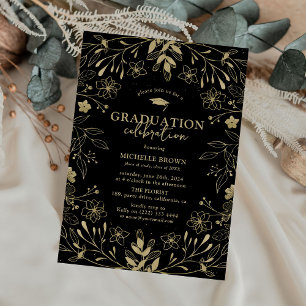 Invitation Partie de graduation en noir et or botanique