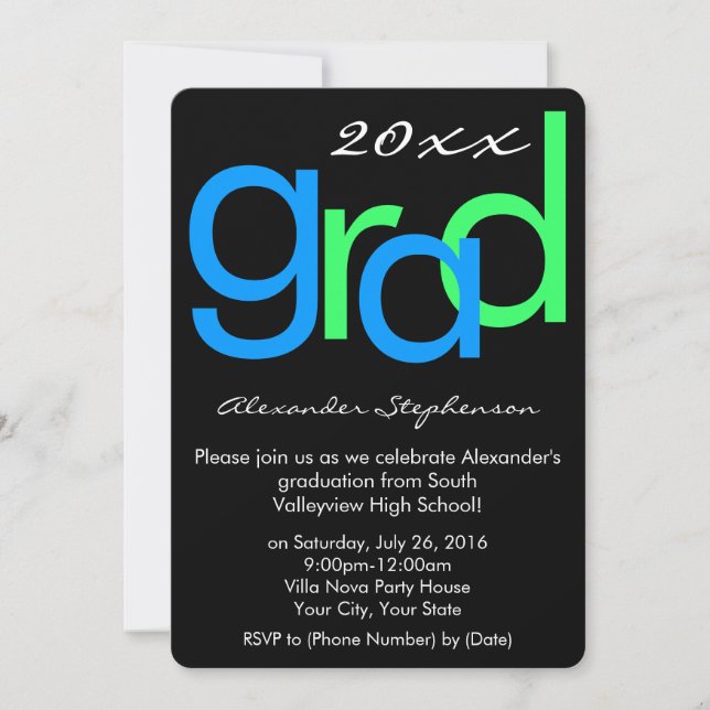 Invitation Partie de graduation en typographie bleu/vert (Devant)