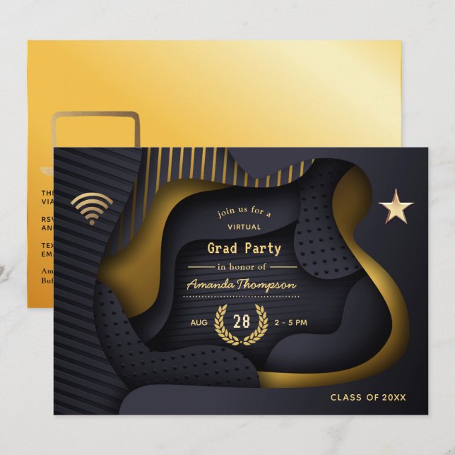 Invitation Partie de graduation virtuelle géométrique Noir et (Devant / Derrière)