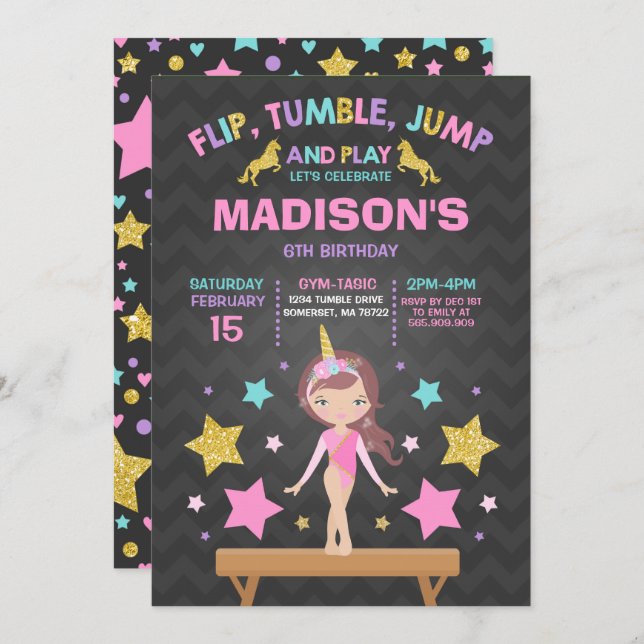 Invitation Partie de gymnastique de licorne d'invitation de (Devant / Derrière)