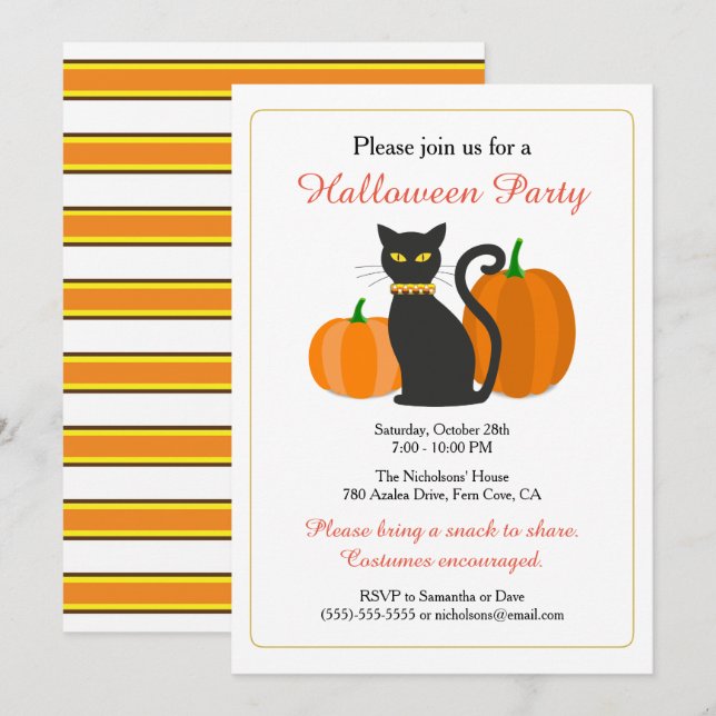 Invitation Partie de Halloween de chat noir et de citrouilles (Devant / Derrière)