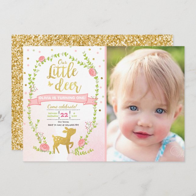 Invitation Partie de région boisée d'or de rose de fille (Devant / Derrière)
