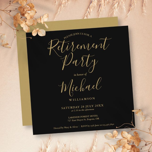 Invitation Partie de retrait de script noir et or (Black And Gold Elegant Script Retirement Party Invitation)