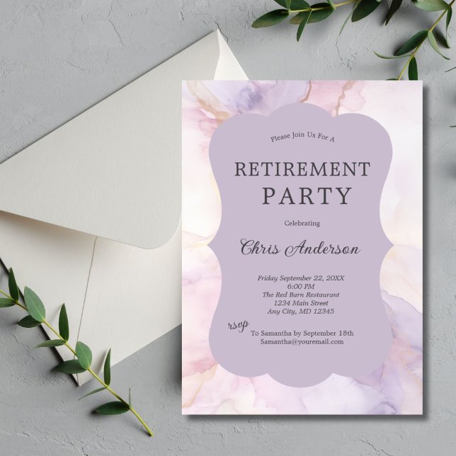 Invitation Partie de retrait du marbre rose pourpre (Purple pink gold watercolor marble retirement party invitation. Elegant Simple soft pastels. Printed)