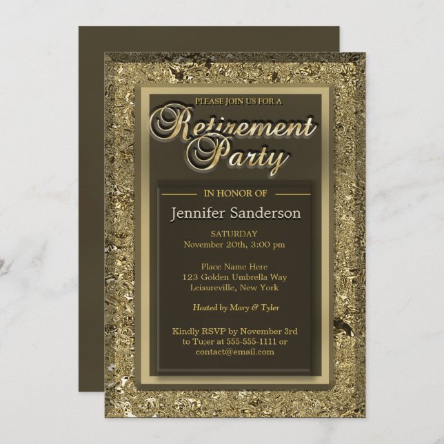 Invitation Partie de retraite | Elegant Golden Office Directo (Devant / Derrière)