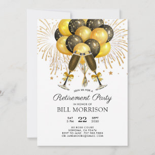 Invitation Partie de retraite Gold Black Balloons Champagne