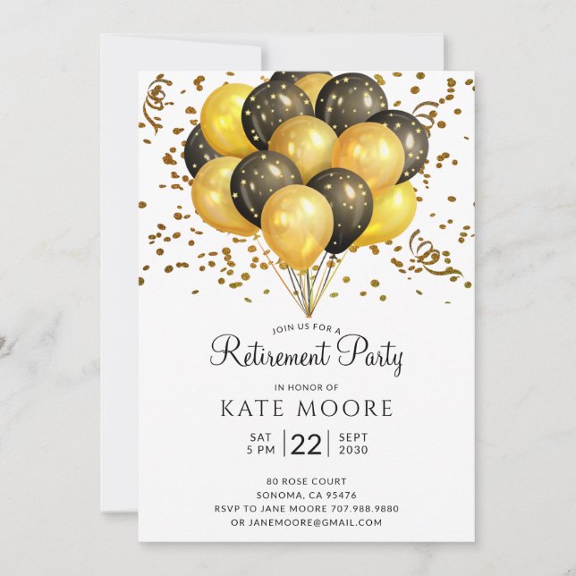 Invitation Partie de retraite moderne Gold Black Ballons (Devant)
