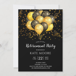 Invitation Partie de retraite moderne Gold Black Ballons Noir