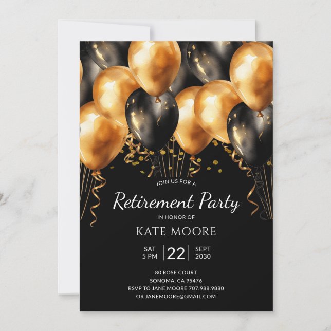 Invitation Partie de retraite moderne Gold Black Ballons Noir (Devant)